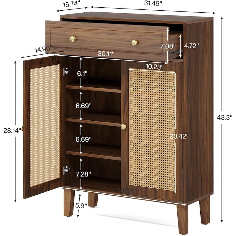 Modern Shoe Cabinet with Adjustable Shelves and Drawer Rattan Panels for Entryway Storage - 31.49”L x 15.74”W x 43.3”H