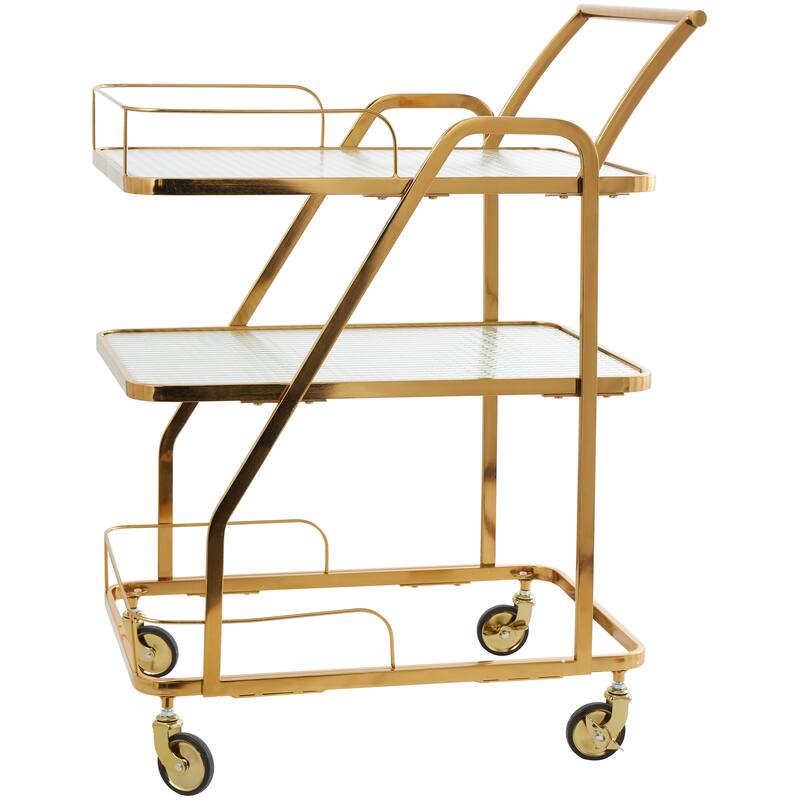 Gold Metal Glass Shelf 3 Tier Bar Cart with Side Guards and Handle