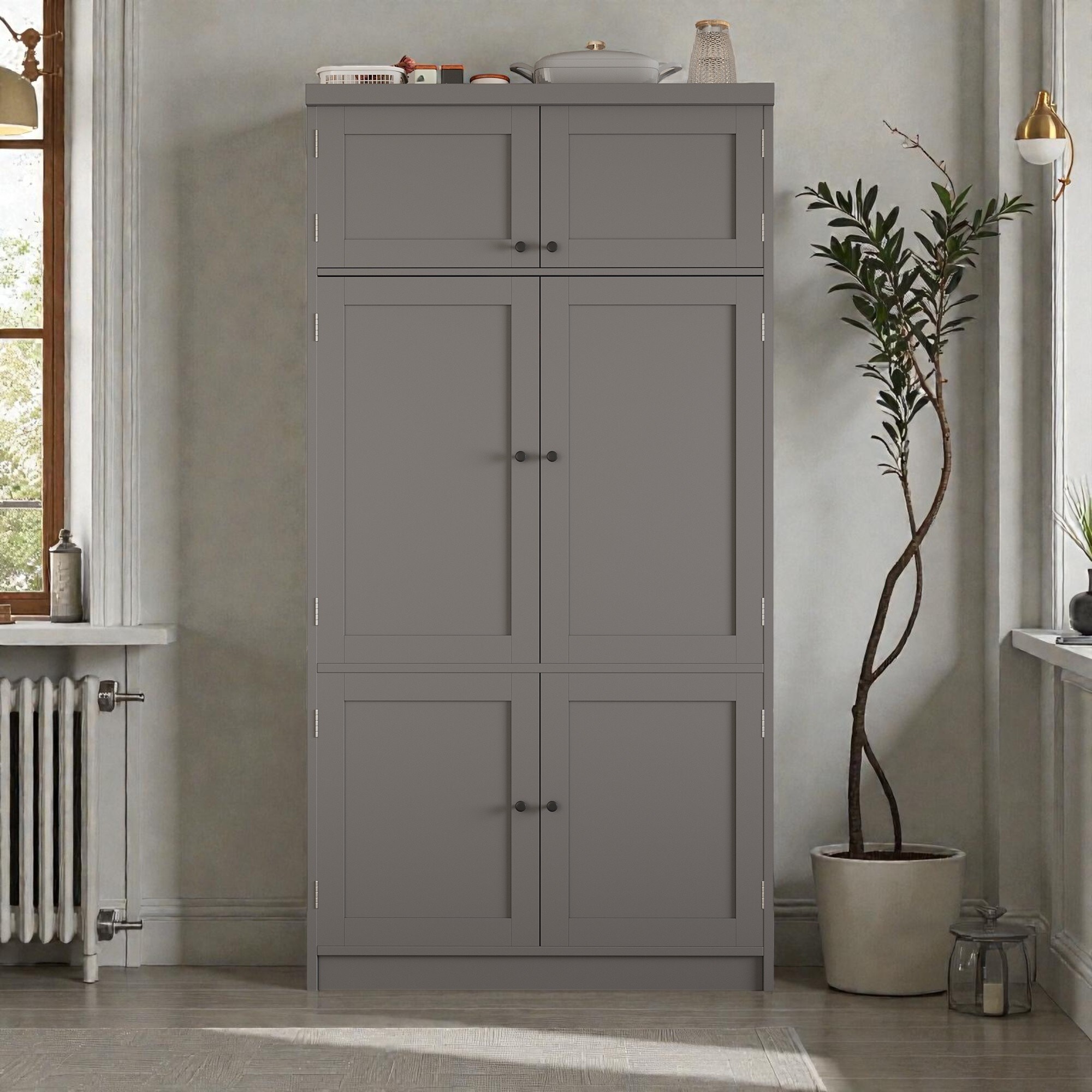 80.1'' Tall Kitchen Pantry Cabinet, Shaker Storage Cupboard w/ Power Outlets, Drawers, Wine Rack, Adjustable Shelves