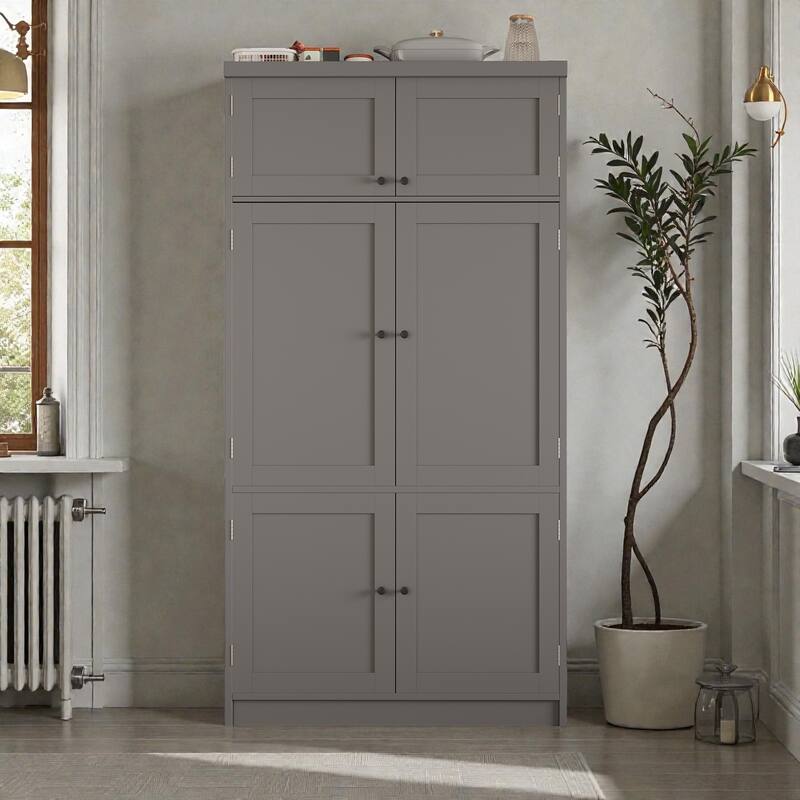 80.1'' Tall Kitchen Pantry Cabinet, Shaker Storage Cupboard w/ Power Outlets, Drawers, Wine Rack, Adjustable Shelves - Grey