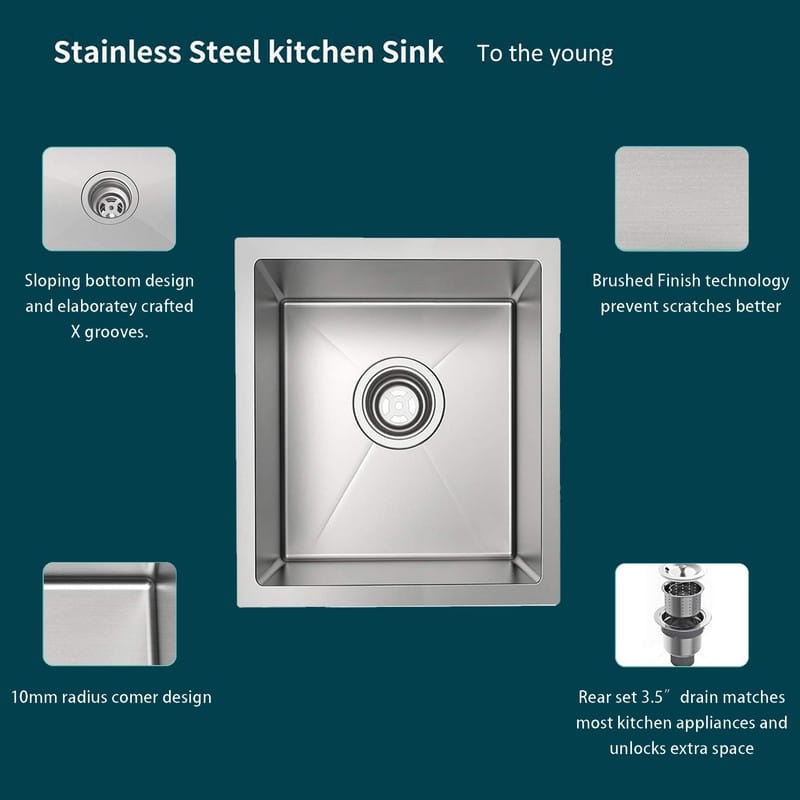 Bar Sink, 17-Inch Undermount Kitchen Sink, 16 Gauge Stainless Steel Single Bowl