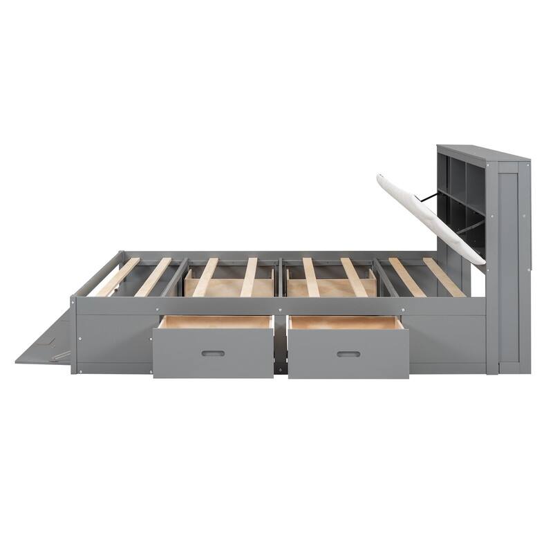 Queen Size Wood Platform Bed with Storage Headboard, Storage Shelves and 2 Drawers