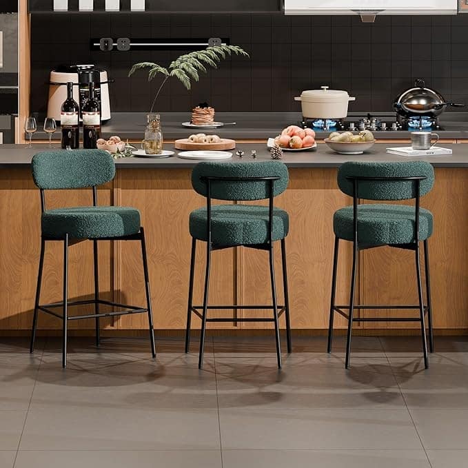 XINMICS 24 Inches Modern Counter Height Bar Stools with Curved Back Metal Legs, Upholstered Boucle Barstools, Set of 2/3/4 - Set of 3 - Green - Counter Height