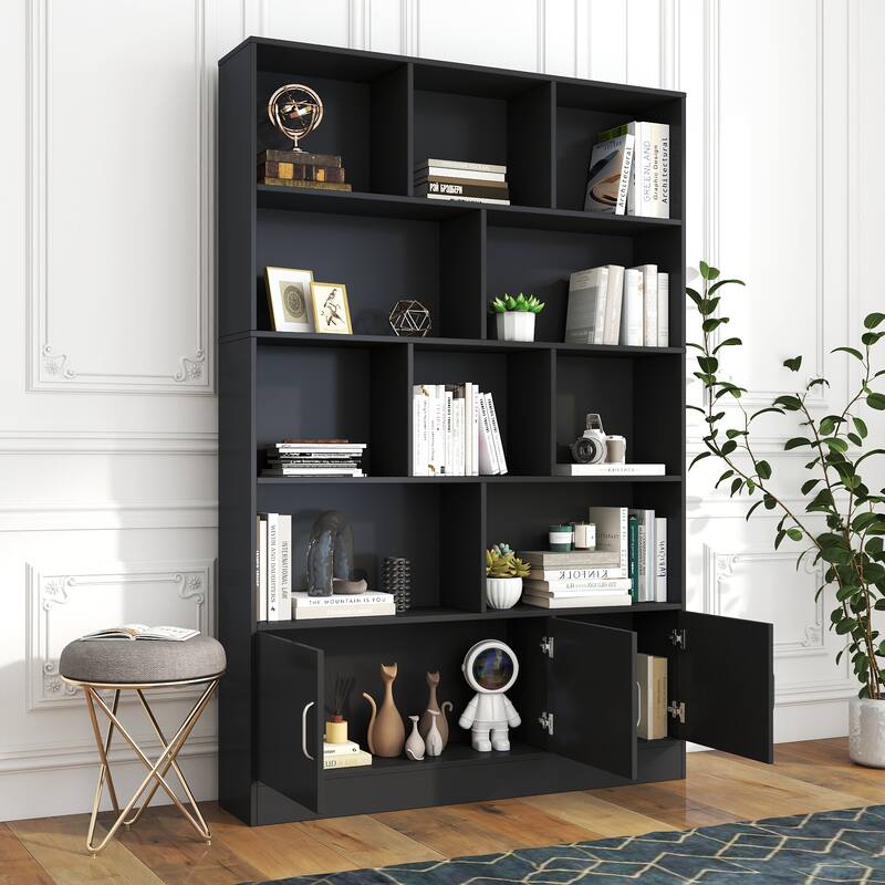 71" Modern Cube Storage Bookcase with 10 Cubes & 3 Doors, 4-Tier Open Shelf Organizer for Office
