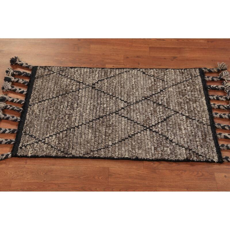 Striped Brown Moroccan Oriental Foyer Rug Handmade Wool Carpet - 2'0"x 3'0"