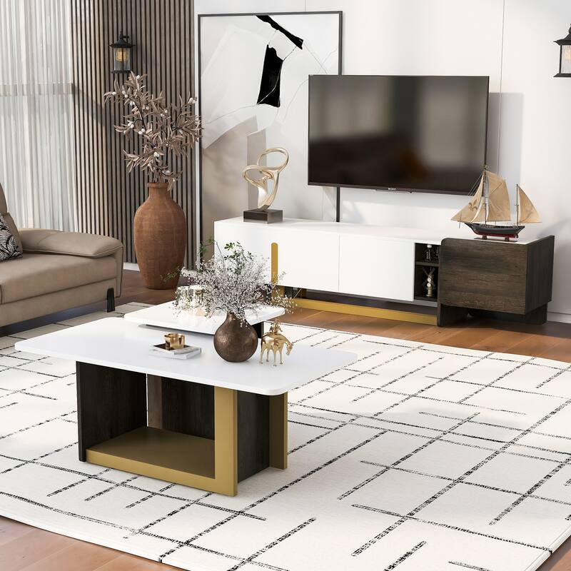 Modern Light Luxury TV Stand and Coffee Table Set of 2, Modern TV Console,Wood Center Tables with Spacious Top - White