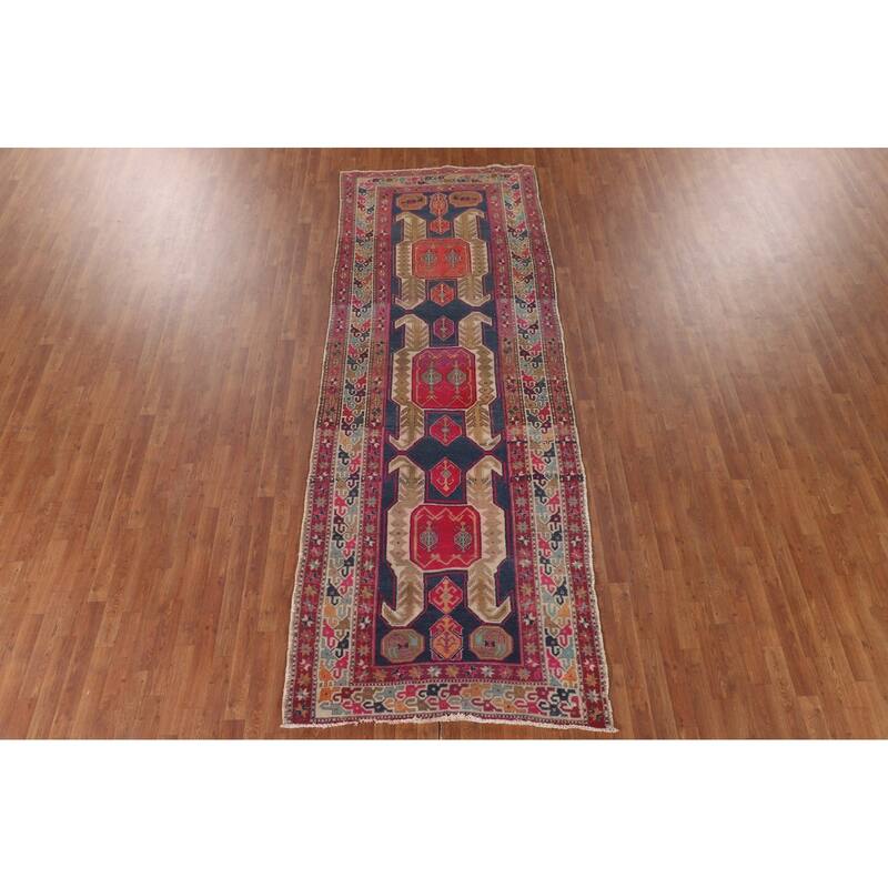 Navy Blue Meshkin Persian Vintage Runner Rug Handmade Wool Carpet - 4'3"x 11'8"