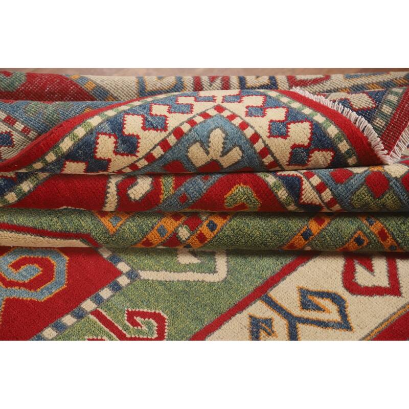 Green & Red Kazak Area Rug Hand-Knotted Wool Carpet - 6'7" x 9'7"