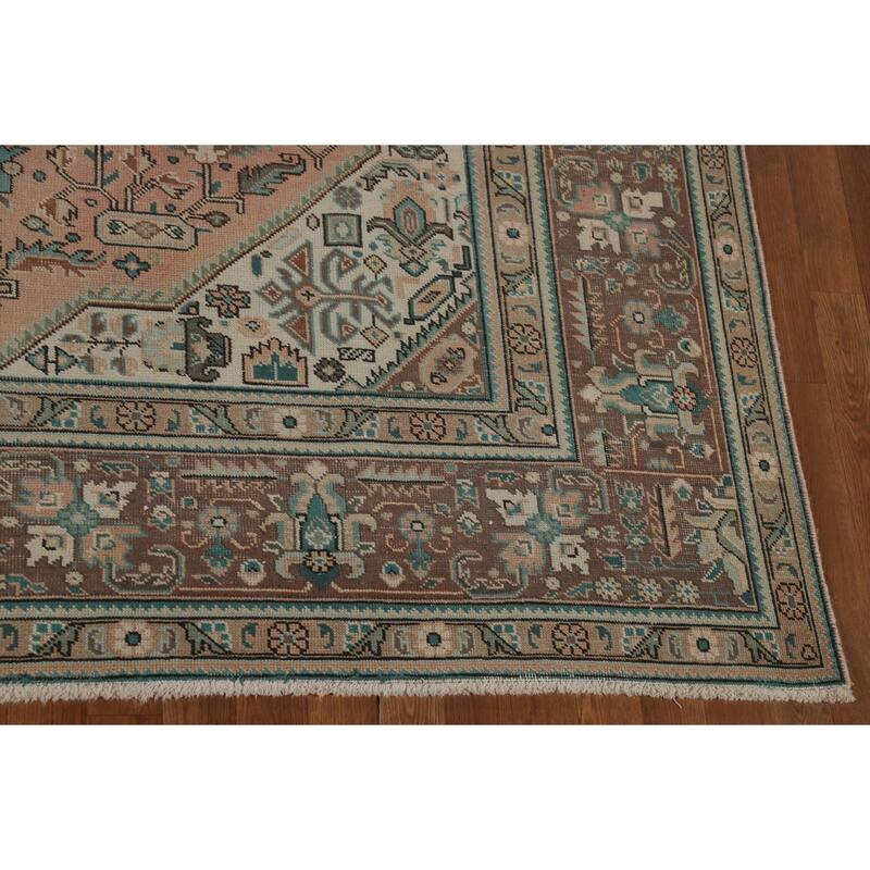 Geometric Peach Tabriz Persian Vintage Rug Hand-Knotted Wool Carpet - 8'1"x 11'3"