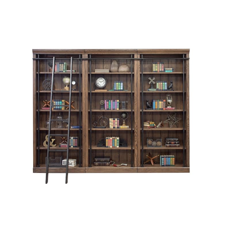 Avondale 8' Tall Bookcase Wall With Ladder, Storage Organizer, Display Shelf for Office, Brown - 120"W x 94"H x 15"D
