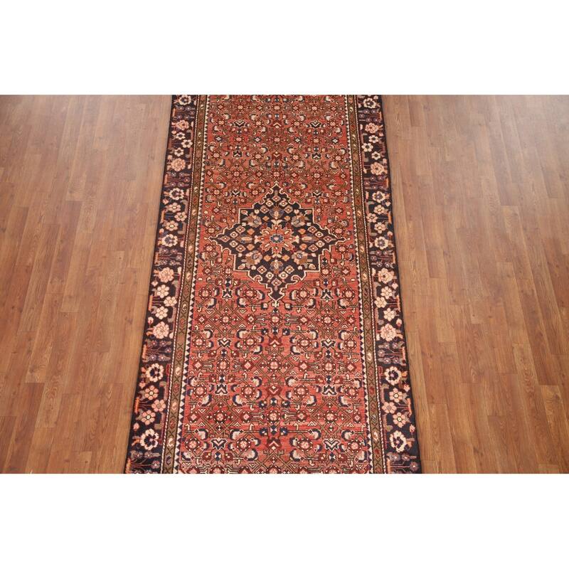 Hand Knotted Oriental 100% Wool Carpet Traditional Medallion Red Hamedan Runner Rug - 11' 0'' X 4' 0''