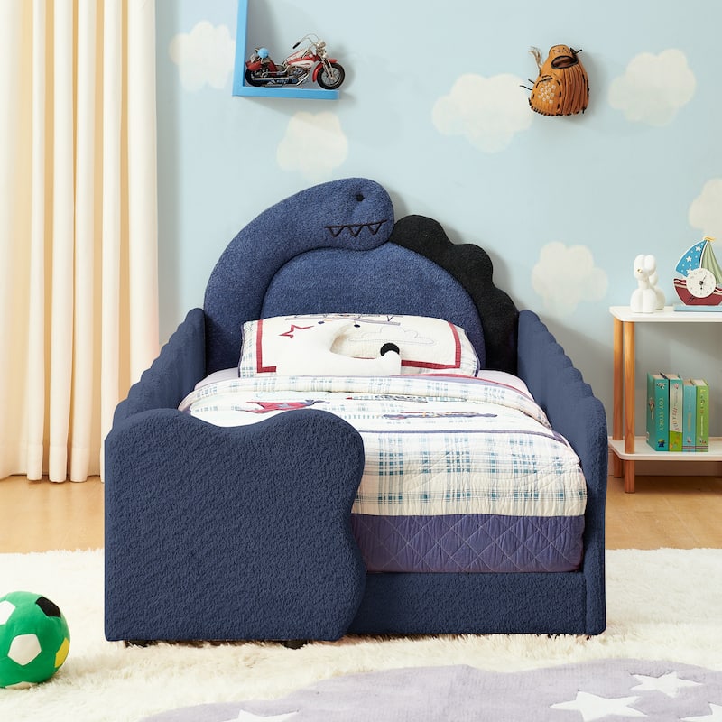 Twin Dinosaur-Shaped Kids Bed with Safety Guardrail - Solid Wood Toddler Bed Frame in Boucle Fabric - Navy Blue - Twin