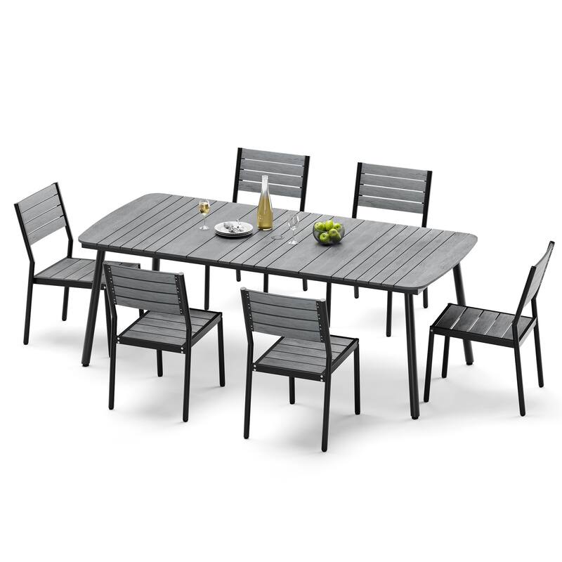 7-Piece Patio Outdoor Dining Set Aluminum Rectangle Table with Umbrella Hole and Stackable Chairs - Grey