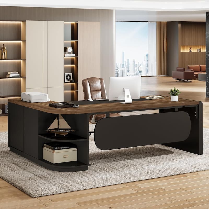 80'' L-Shaped Desk, Large Executive Office Desk with 55'' Drawers Cabinet - Brown & Black
