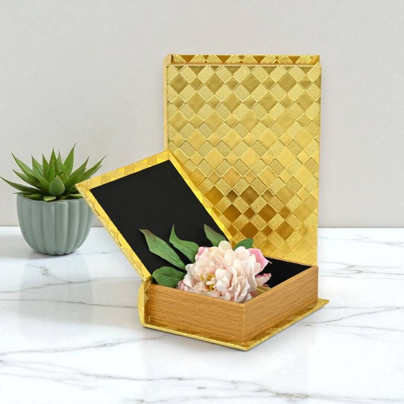 Zuleika Set of 2 Rectangular Decorative Book Boxes - Gold Checkered Diamond Pattern - N/A - Gold