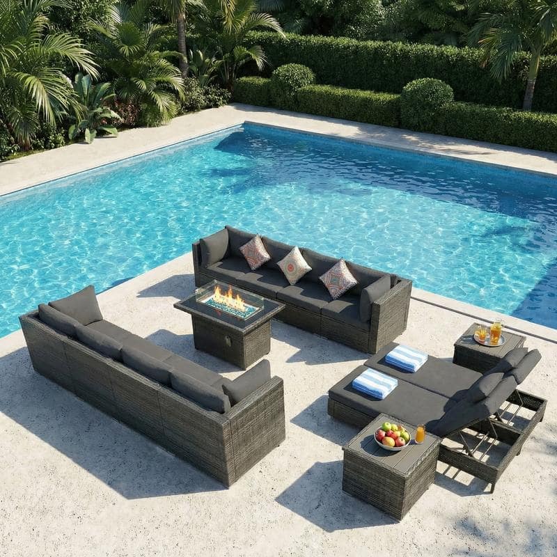 Outdoor Sectional Conversation Set PE Wicker with Double Chaise Lounge, 60,000 BTU Fire Pit Table - 12-Piece/Table - Dark Gray