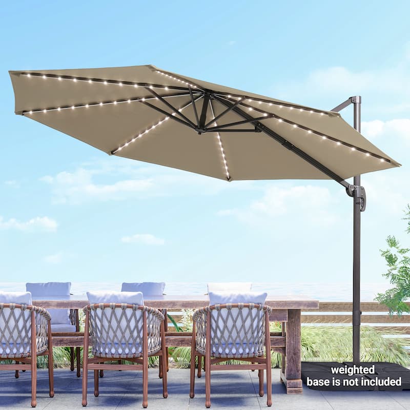 BONOSUKI 10Ft LED Patio Cantilever Offset Umbrella With Cross Base - Sand