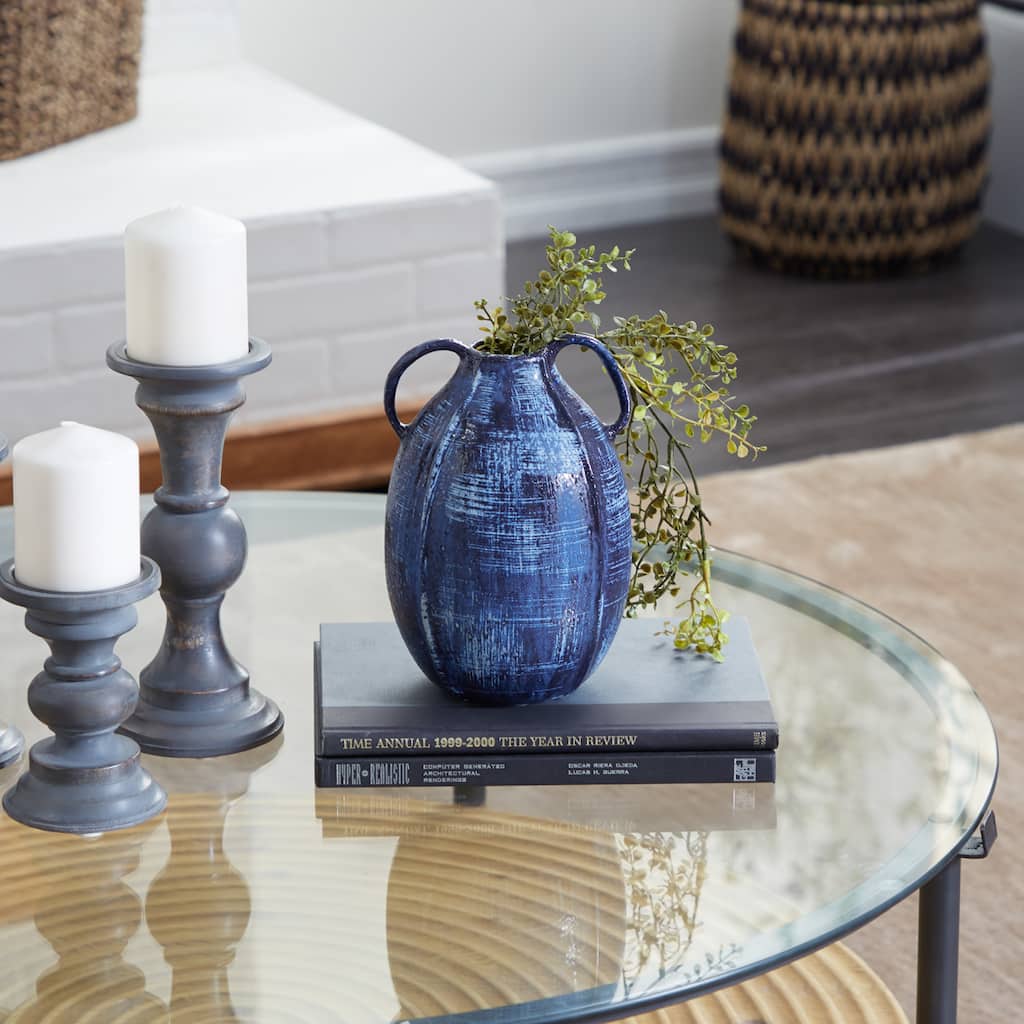 Blue Ceramic Decorative Vase with Handles