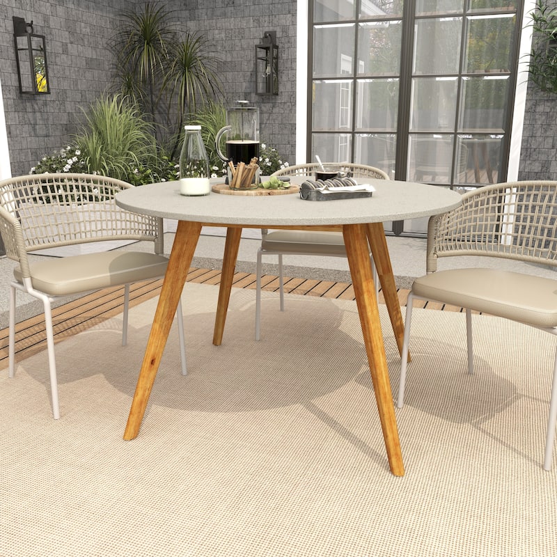 Gray Concrete Inspired Oval End Table Outdoor Accent Table with Brown Tapered Wood Legs