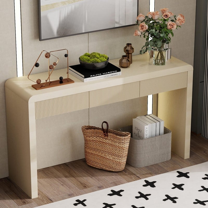 Rustic 52.9" Console Table with 3 Fluted Drawers and Solid Wood Veneer for Entryway Display and Storage