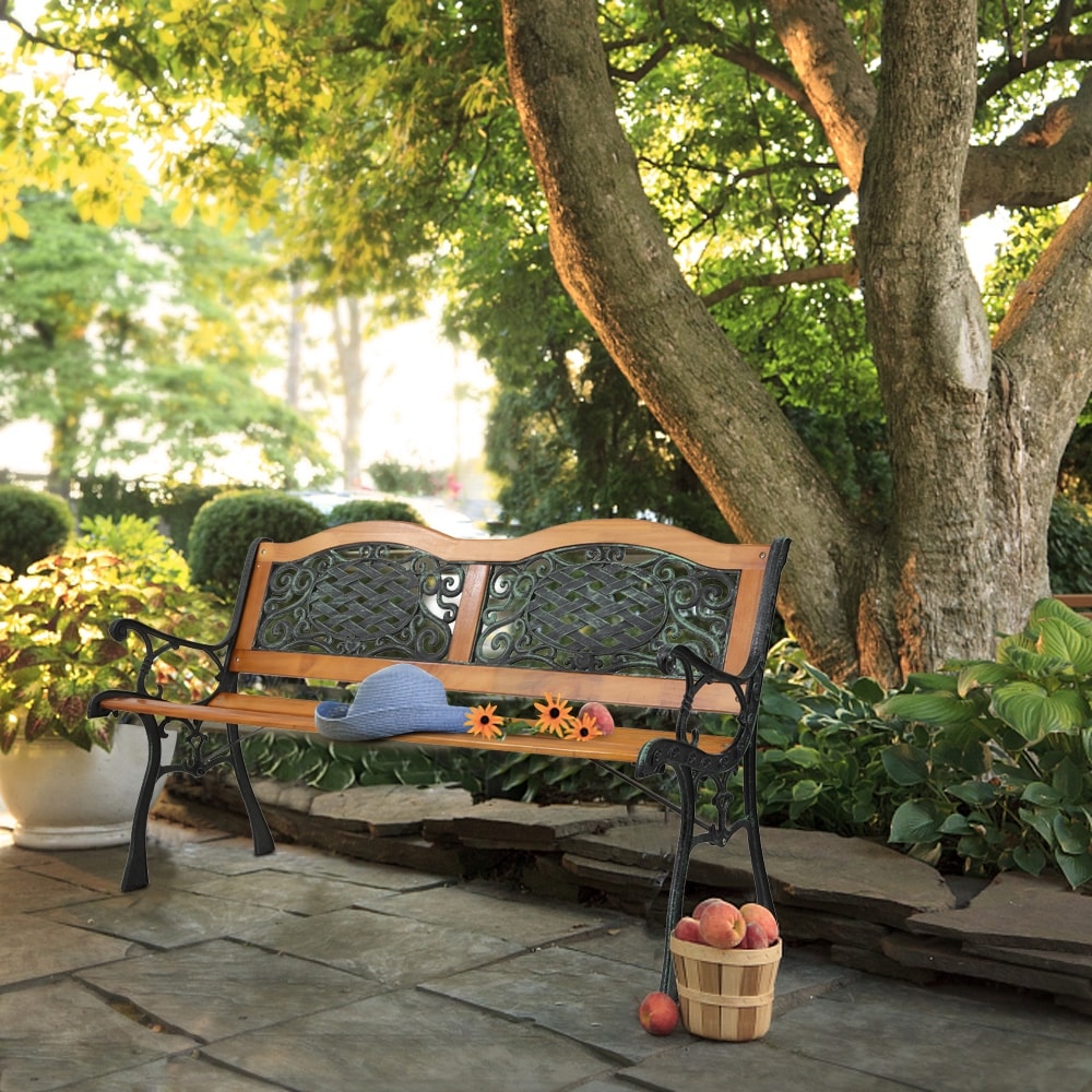 49" Outdoor Patio Park Chair Furniture Garden Bench Iron Frame - Bronze & Natural