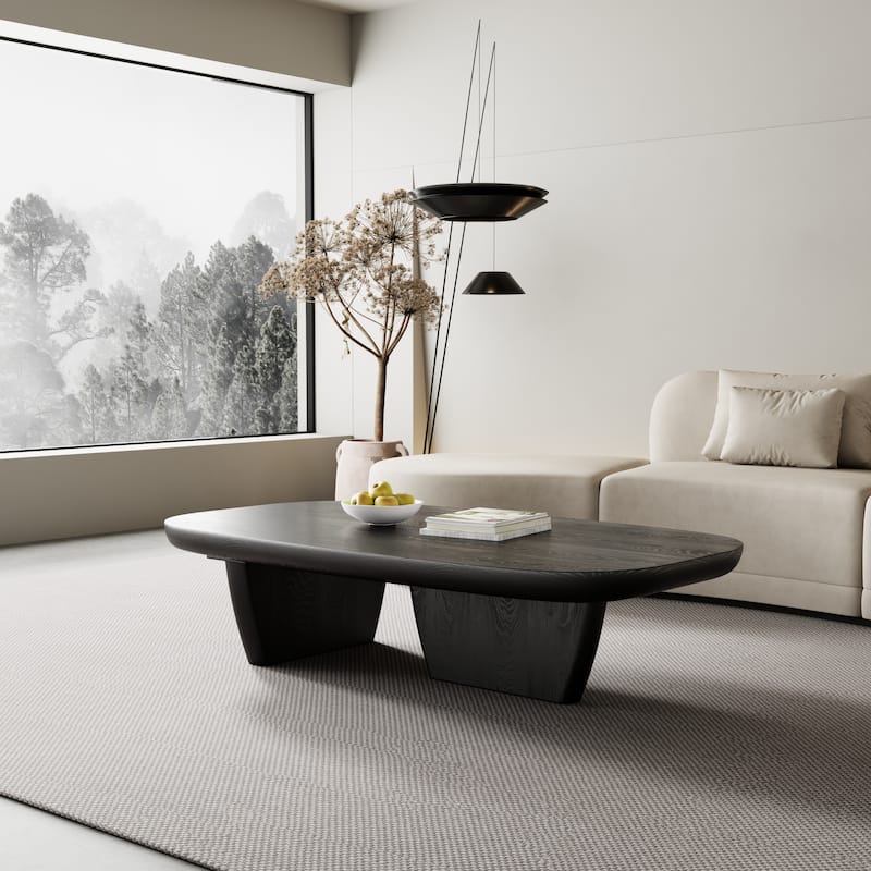 51" Modern Coffee Table with Two Legs,Solid Wood Veneer, Retangular Coffee Table for Living Room - Black - Wood