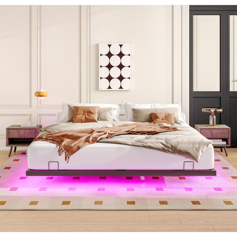 King Size Floating Bed Frames with LED Lights, Metal Platform Bed , Solid and Stable, Noise Free, No Box Spring Needed - Black