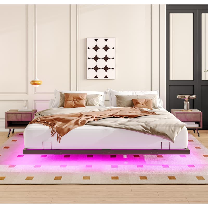 Queen Size Floating Bed Frame with LED Lights, Metal Platform Bed - Noise Free, No Box Spring Needed