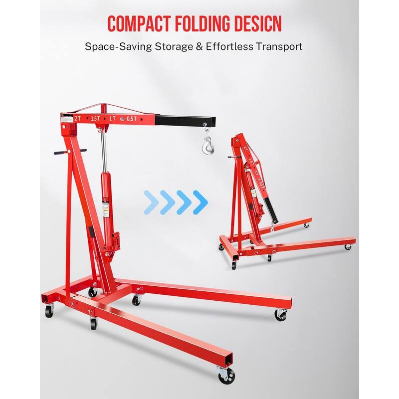 2-Ton Shop Crane, Hydraulic Folding Engine Hoist w/6 Steel Casters