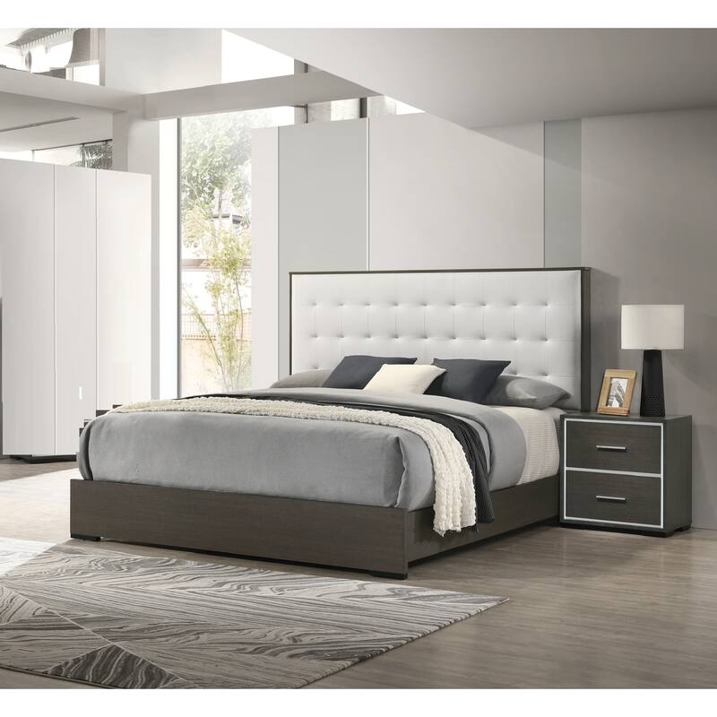 Queen Size Panel Bed with Button Tufted Headboard in Beige Upholstery