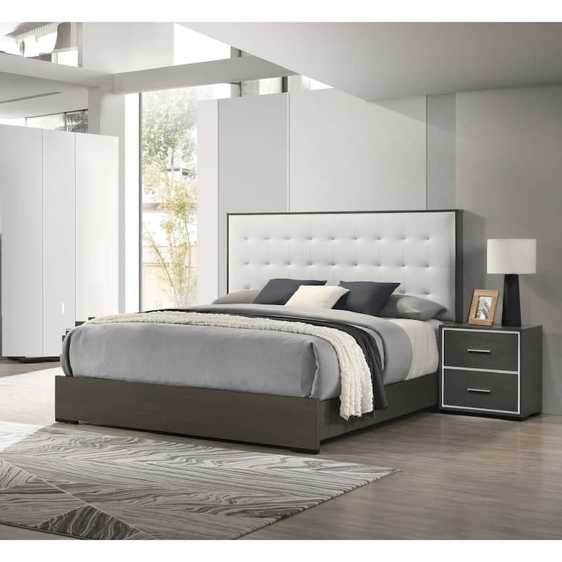 Queen Size Upholstered Panel Bed with Button Tufted Headboard and Contemporary Design