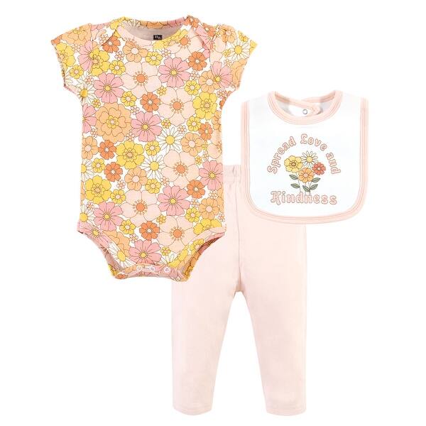 slide 1 of 1, Hudson Baby Infant Girl Cotton Bodysuit, Pant and Bib Set, Peace Love Flowers 0-3 Months - Peace Love Flowers