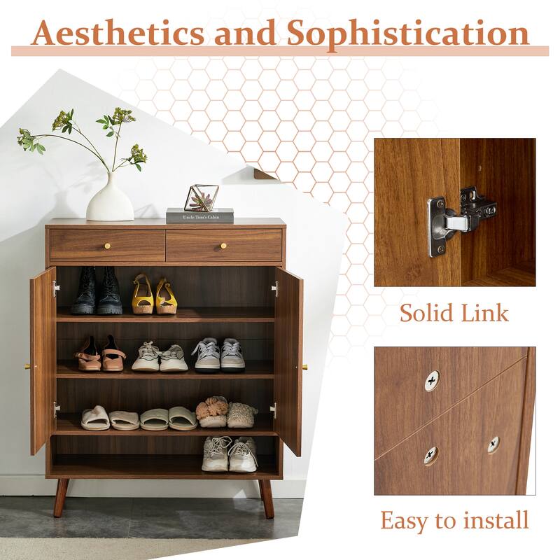 Rattan Weaving Shoe Cabinet, Multi-Functional Shoe Rack Organizer, Sideboard Buffet with Top Drawers & Lower Cabinet Doors