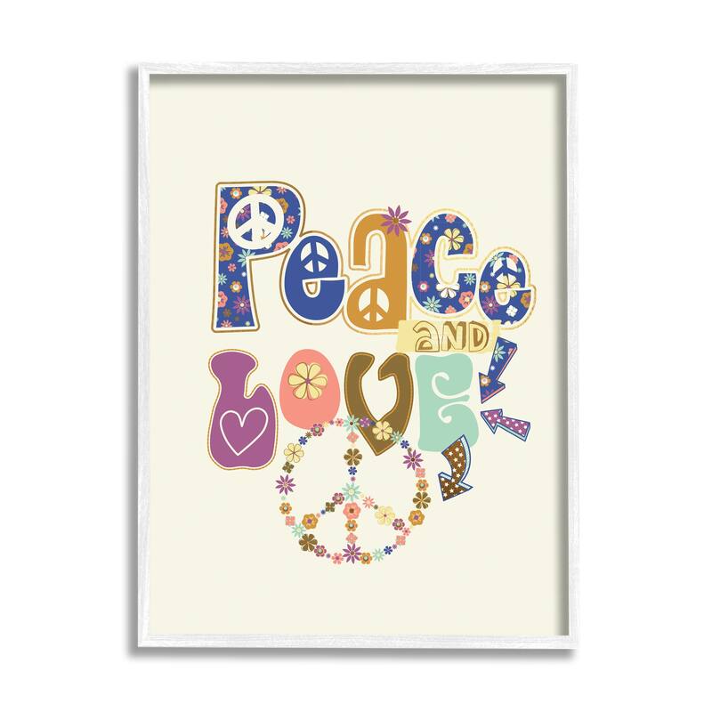 Stupell Groovy Peace and Love Sentiments Floral Peace Sign Framed Wall Art