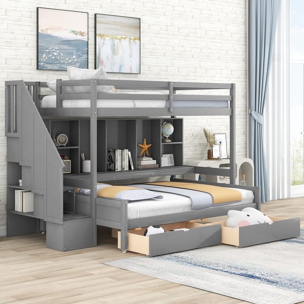slide 2 of 24, Twin XL Over Full Bunk Bed with Storage and Staircase Gray - Full