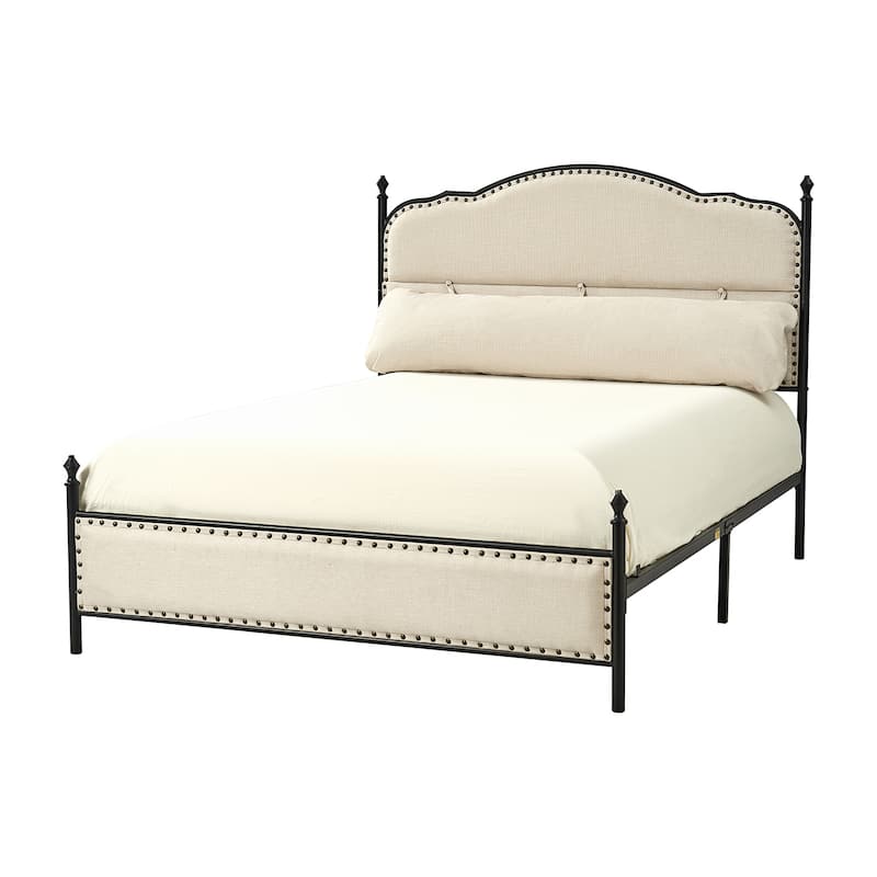 Eulalia Transitional Upholstered Platform Metal Bed Frame Four Poster Bed with High Headboard&Pillow