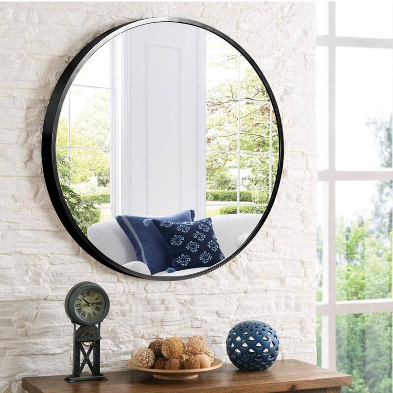Classic Round Accent Bathroom Mirror Metal Frame Hanging Wall Mounted Circle Mirror for Wall Decor Vanity Entryway Living Room