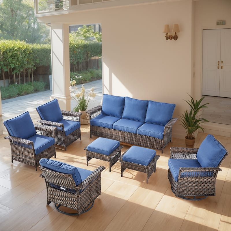 Gymojoy 7-PCS 3-Seat Sofa, 2 Swivel Chairs,2 Armchairs, 2 Ottomans - Brown - Blue
