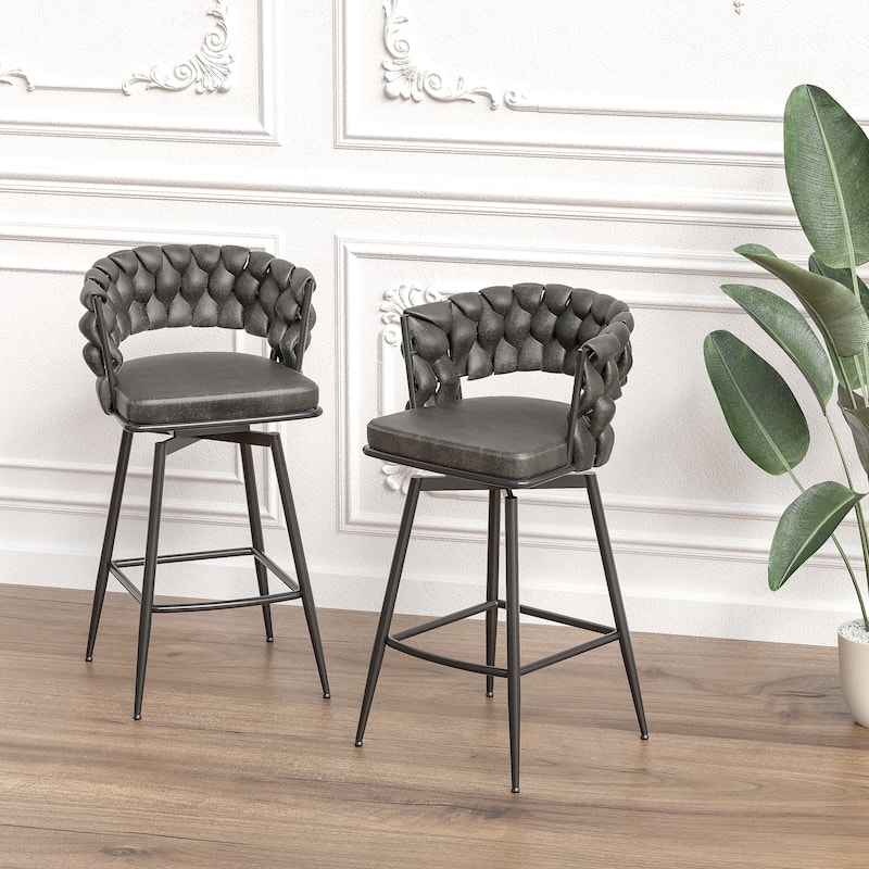 Set of 2 Woven Swivel Bar Stools with 360 Degree Seat and Sturdy Metal Frame for Kitchen Island
