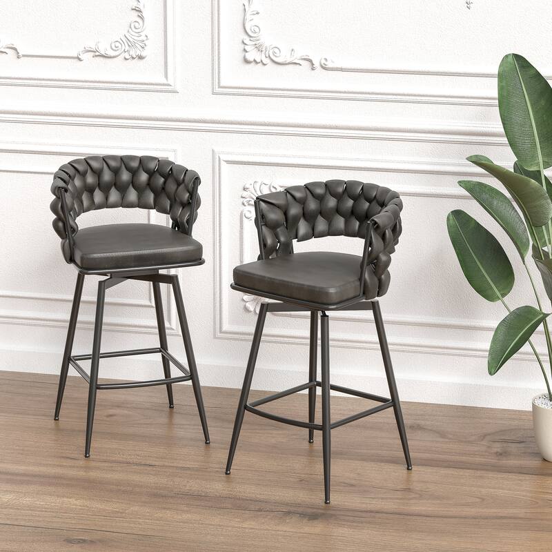 Woven Bar Stool Set of 2,No Adjustable Chairs,360 Swivel Bar Stools Upholstered Counter Stool Arm Chairs with Back Footrest - Black+Brown