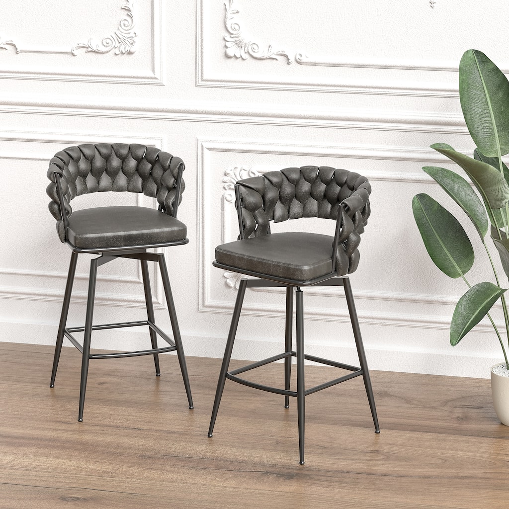 Woven Bar Stool Set of 2,No Adjustable Chairs,360 Swivel Bar Stools Upholstered Counter Stool Arm Chairs with Back Footrest