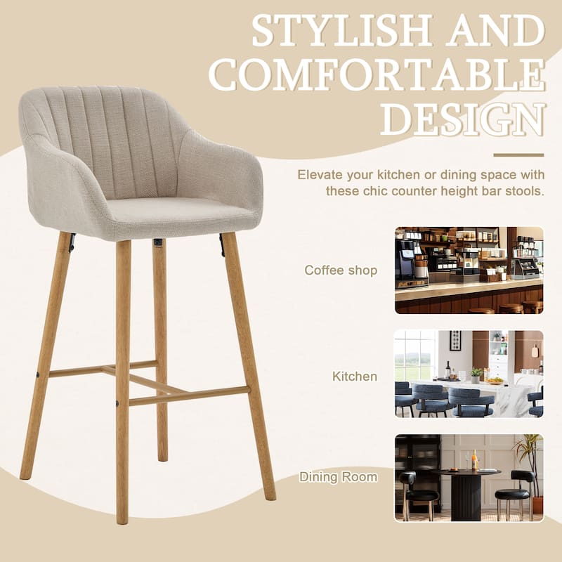 Modern Bar Stools Set of 2, Kitchen Island Tall Chairs with Back, Arm, Footrest and Solid Wood Leg, Upholstered Bar Stools