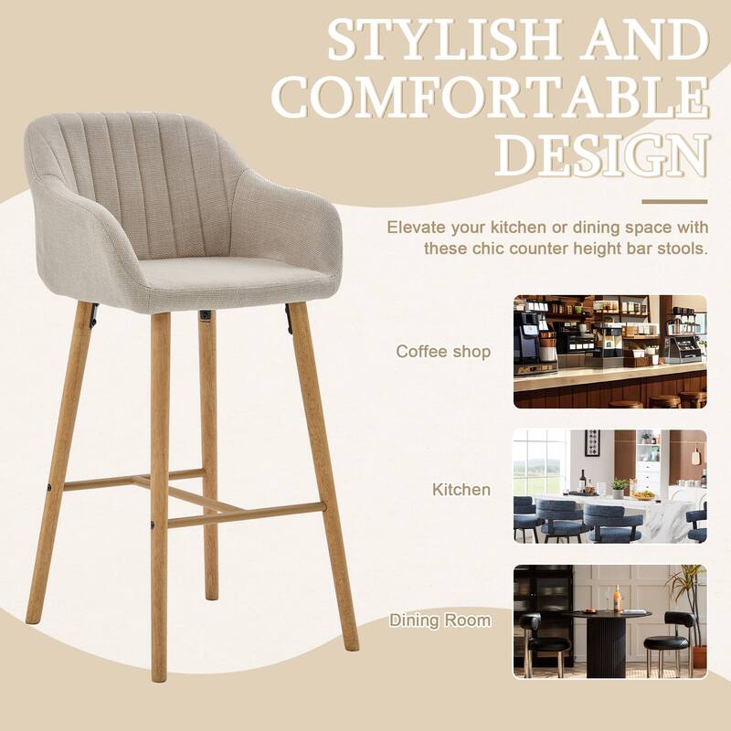 Modern Bar Stools Set of 2 with Back, Arm & Footrest, Linen Upholstered Kitchen Island Chairs