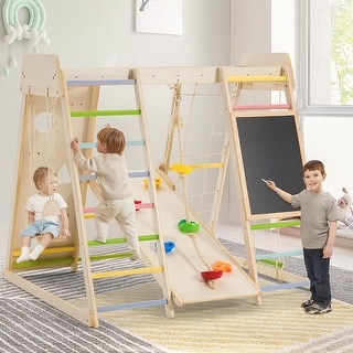 EROMMY Indoor Jungle Gym for Toddlers, 9-in-1 Wooden Climbing Set with Slide, Swing, Rock Wall, and Monkey Bars - Macaron