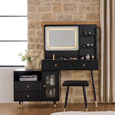 Modern Makeup Vanity Desk with Mirror,Lights,Drawers and Cabinet