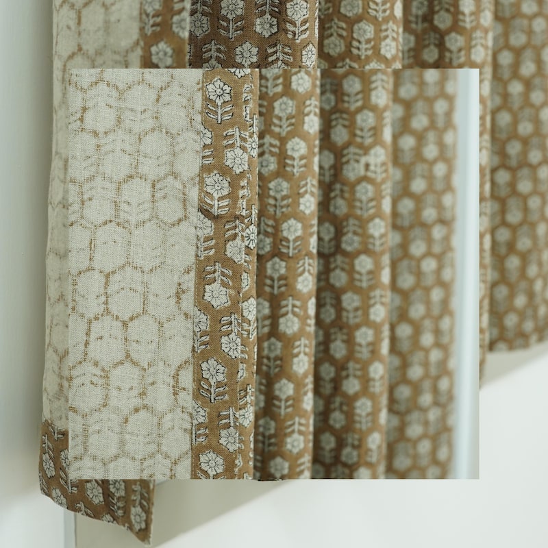 Fabdivine Handmade Soft Pure Linen Fabric Eyelet Curtain Block Print Floral Drape