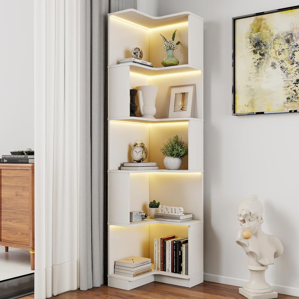 Modern Wood Corner Bookshelf with LED Lighting White by GDFStudio