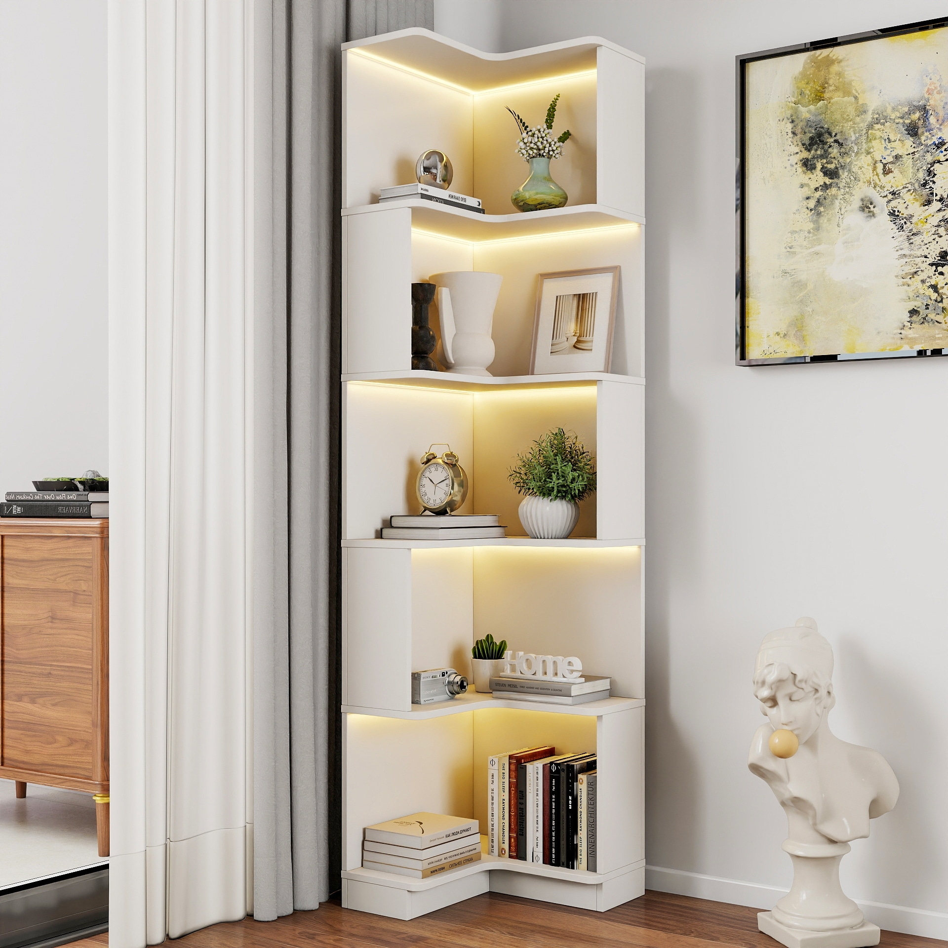 Modern Wood Corner Bookshelf with LED Lighting White by GDFStudio