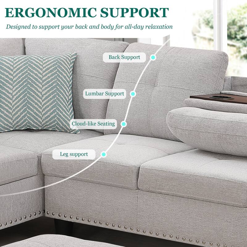 HOMEFUN Linen/Leather Upholstered L-Shaped 4-seater Multifunctional Sectional Sofa with Storage Ottoman,Cup Holder