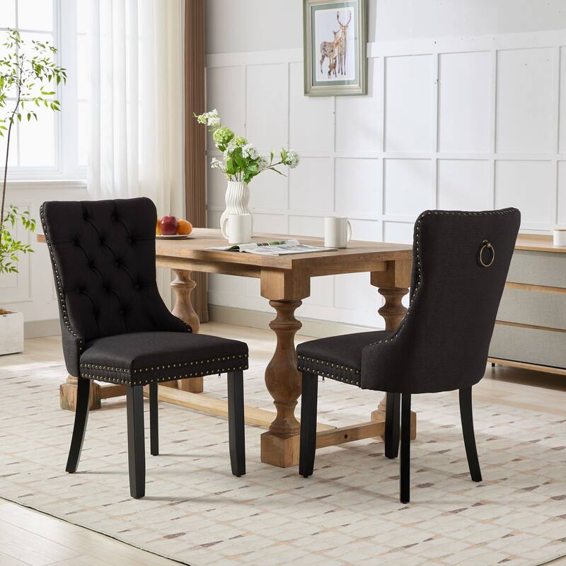 Modern Upholstered Linen Dining Chair with Wood Legs, Set of 2